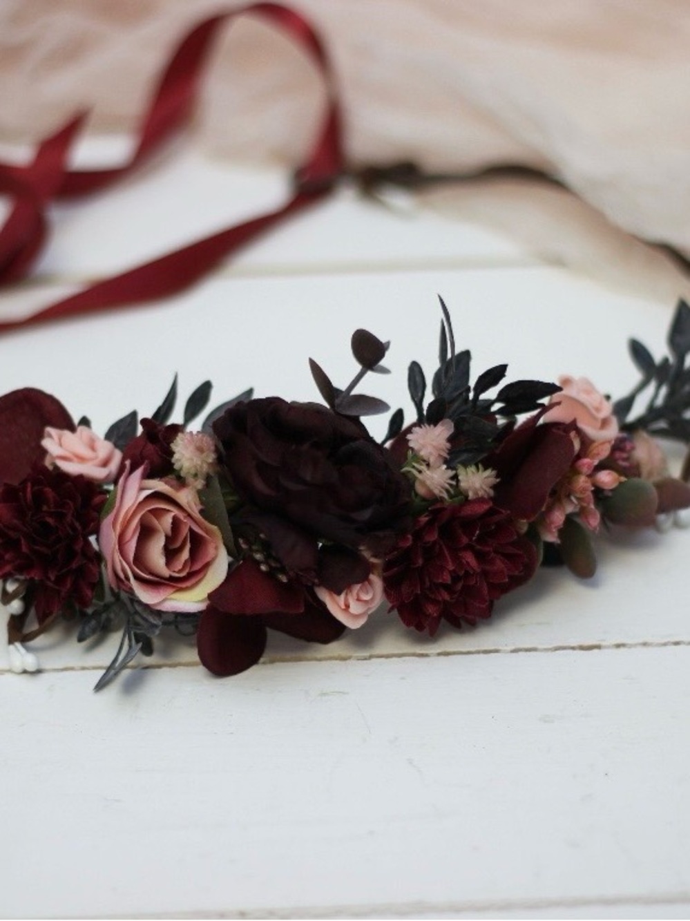 Burgundy & Blush Floral Flower Crown Headband